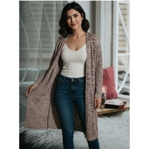 Marled Longline Knit Open Front Cardigan Sweater Tan & Brown Size XS